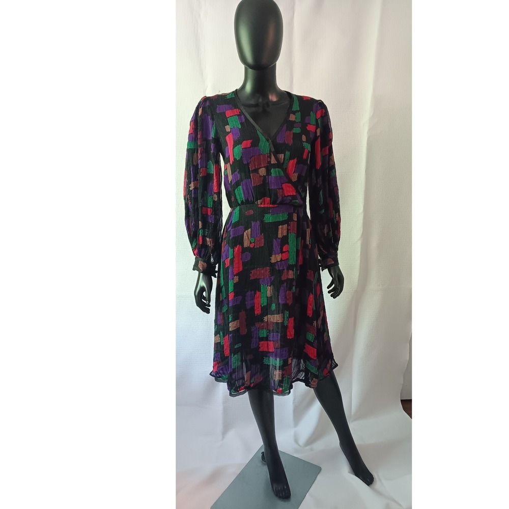 Soo Yung Lee Abstract Print sheath Silk Dress Multi Color Vintage Size 6 KS0334